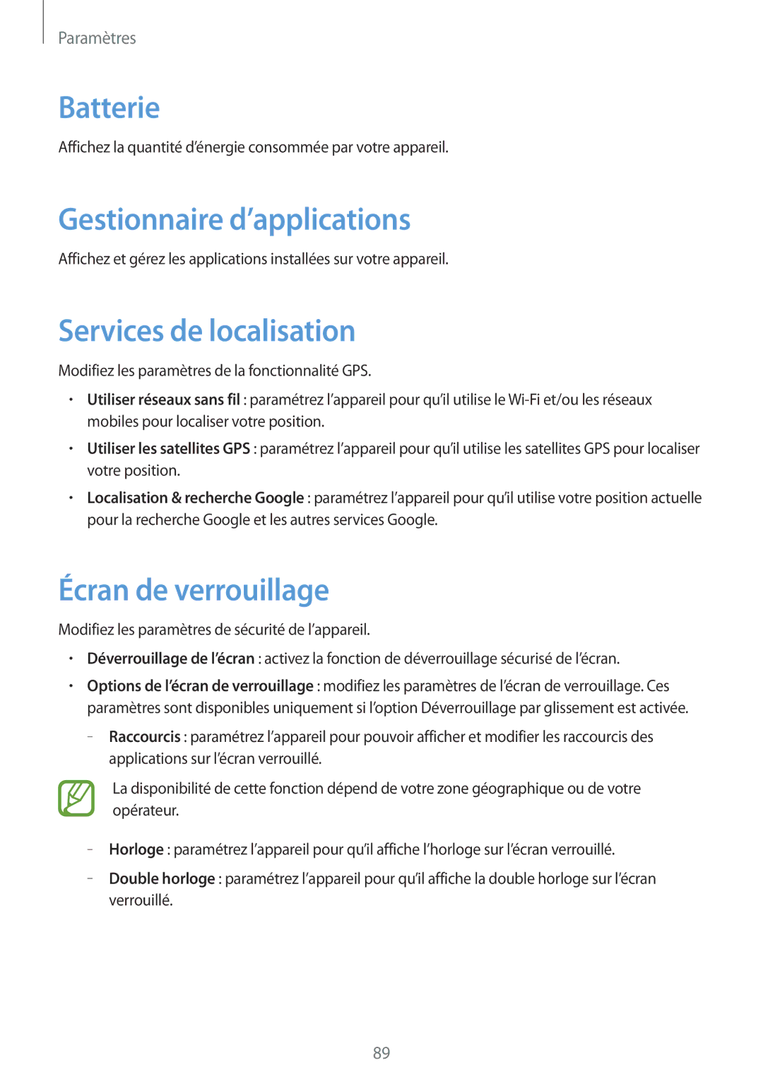 Samsung GT-S6310DBNFTM manual Batterie, Gestionnaire d’applications, Services de localisation, Écran de verrouillage 