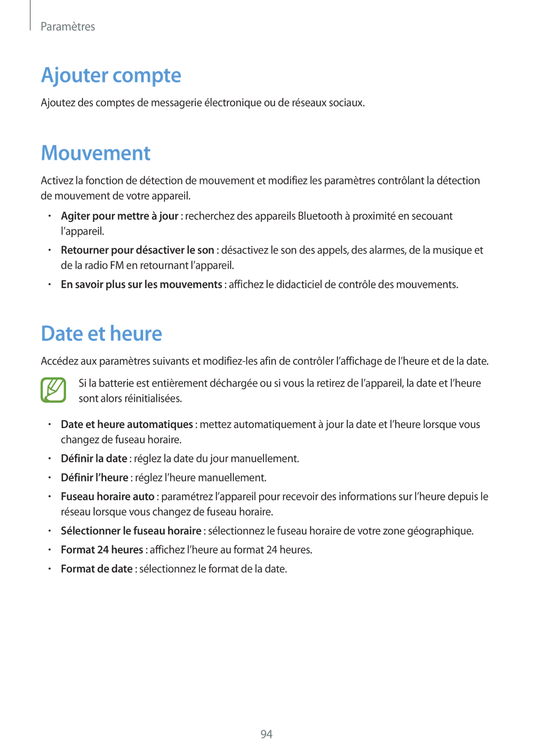 Samsung GT-S6310DBNFTM, GT-S6310DBNNRJ, GT-S6310ZWNXEF, GT-S6310DBNXEF manual Ajouter compte, Mouvement, Date et heure 