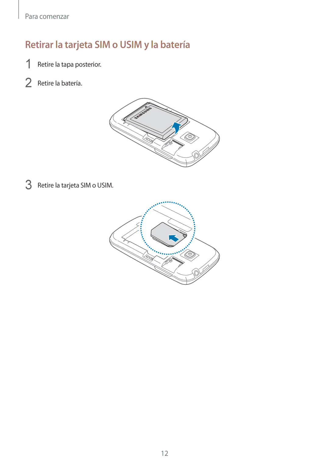 Samsung GT-S6310ZWNAMN, GT-S6310MSNDBT, GT-S6310ZWNITV, GT-S6310DBNXEC manual Retirar la tarjeta SIM o Usim y la batería 
