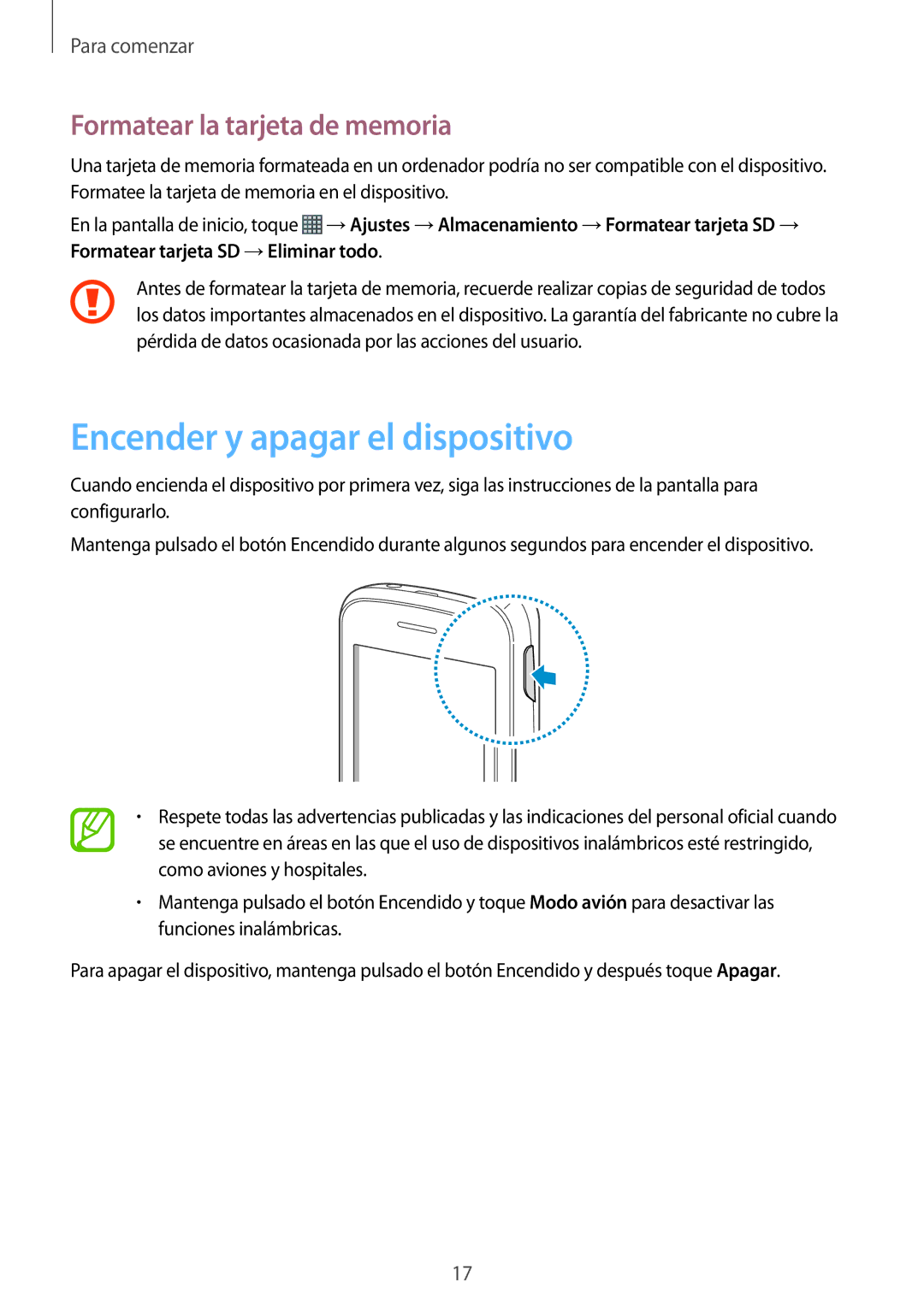 Samsung GT-S6310ZWNITV, GT-S6310MSNDBT, GT-S6310DBNXEC Encender y apagar el dispositivo, Formatear la tarjeta de memoria 