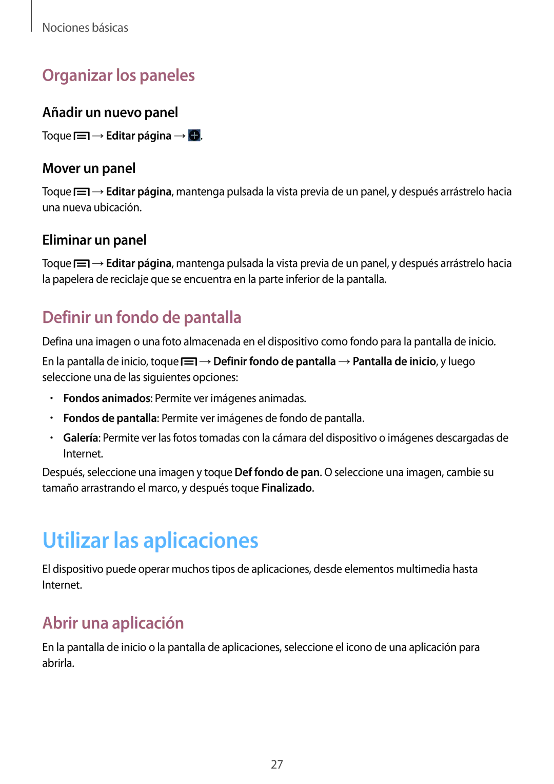 Samsung GT-S6310ZWNAMO, GT-S6310MSNDBT manual Utilizar las aplicaciones, Organizar los paneles, Definir un fondo de pantalla 