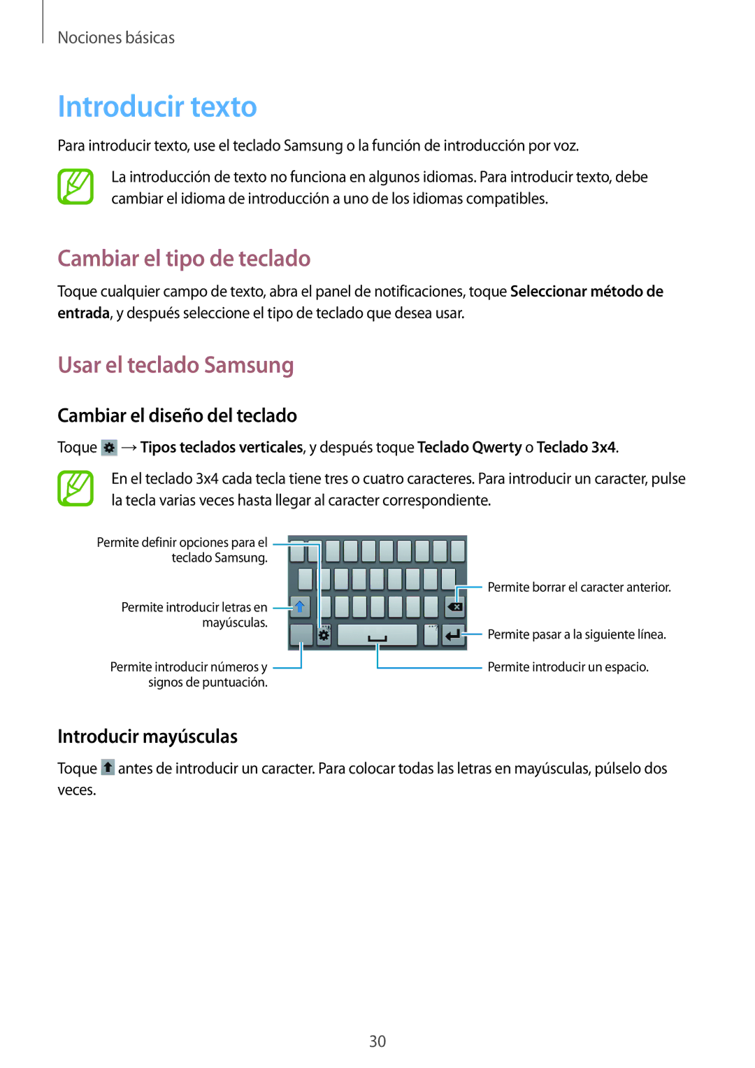 Samsung GT-S6310DBNAMN manual Introducir texto, Cambiar el tipo de teclado, Usar el teclado Samsung, Introducir mayúsculas 