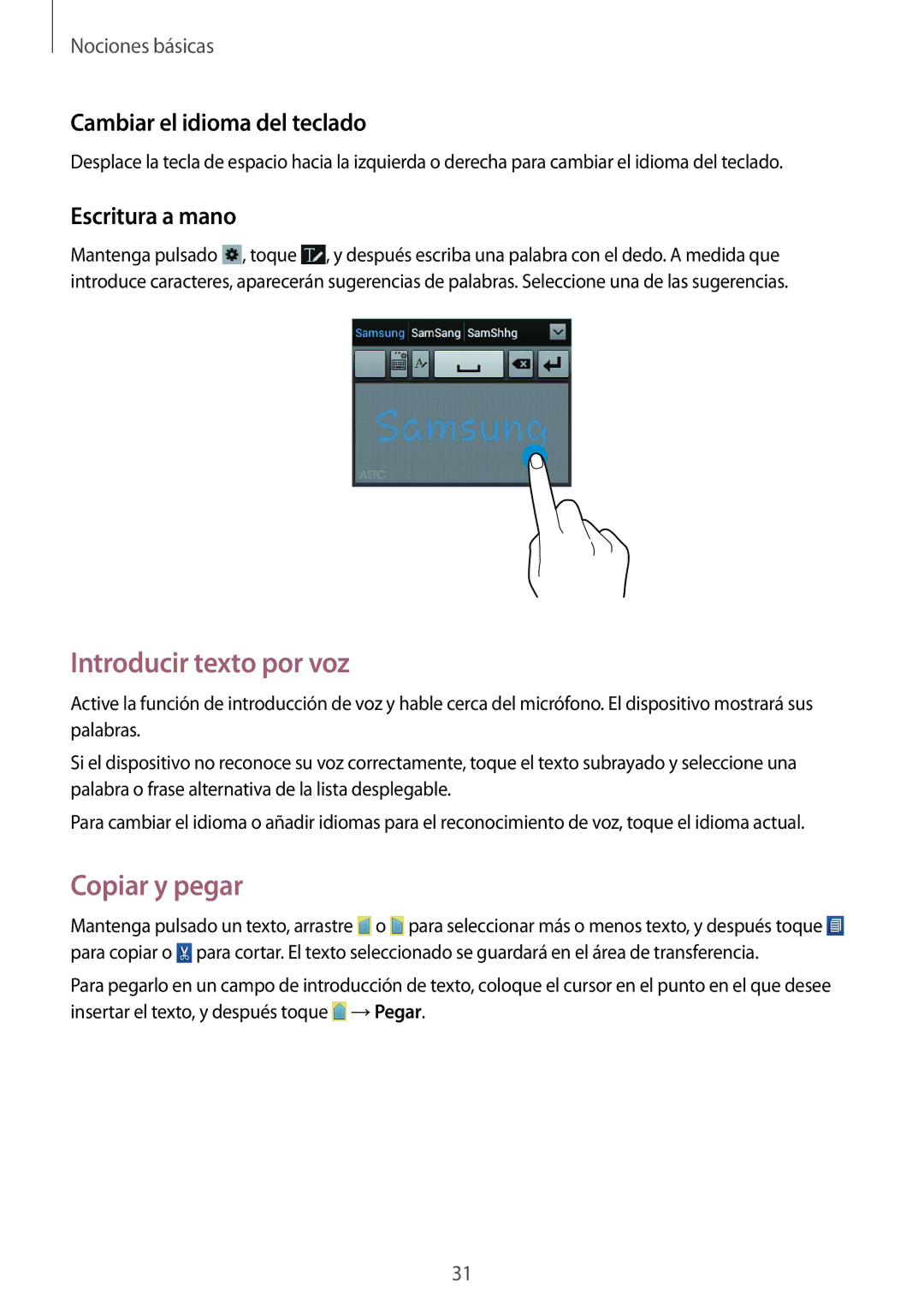 Samsung GT-S6310WRNAMN manual Introducir texto por voz, Copiar y pegar, Cambiar el idioma del teclado, Escritura a mano 