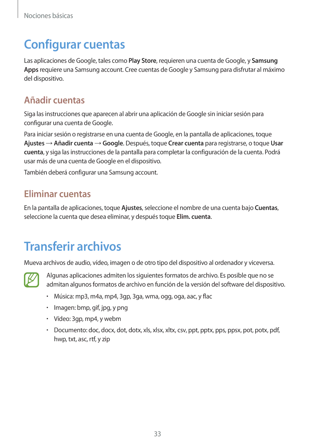 Samsung GT-S6310ZWNITV, GT-S6310MSNDBT manual Configurar cuentas, Transferir archivos, Añadir cuentas, Eliminar cuentas 