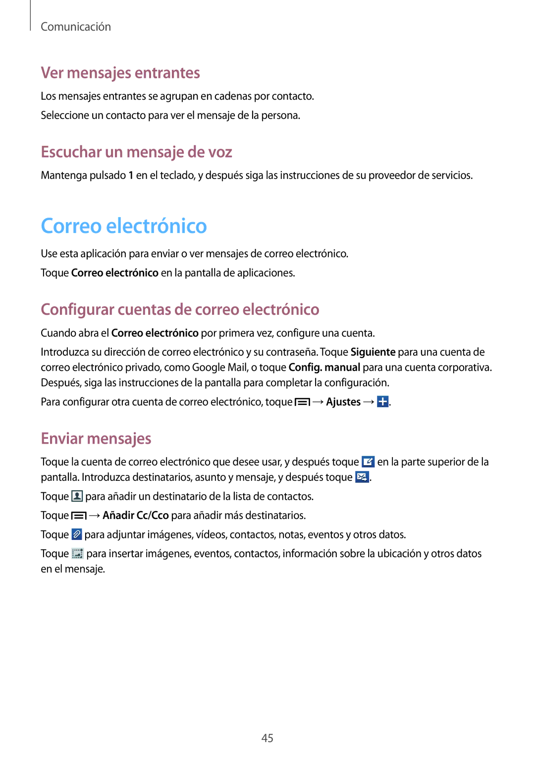 Samsung GT-S6310ZWNXEC, GT-S6310MSNDBT manual Correo electrónico, Ver mensajes entrantes, Escuchar un mensaje de voz 