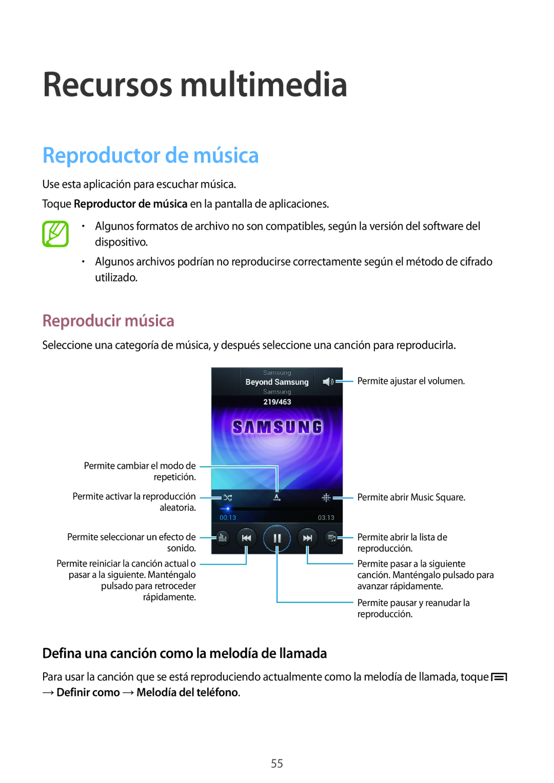 Samsung GT-S6310WRNAMN Recursos multimedia, Reproductor de música, Reproducir música, → Definir como →Melodía del teléfono 