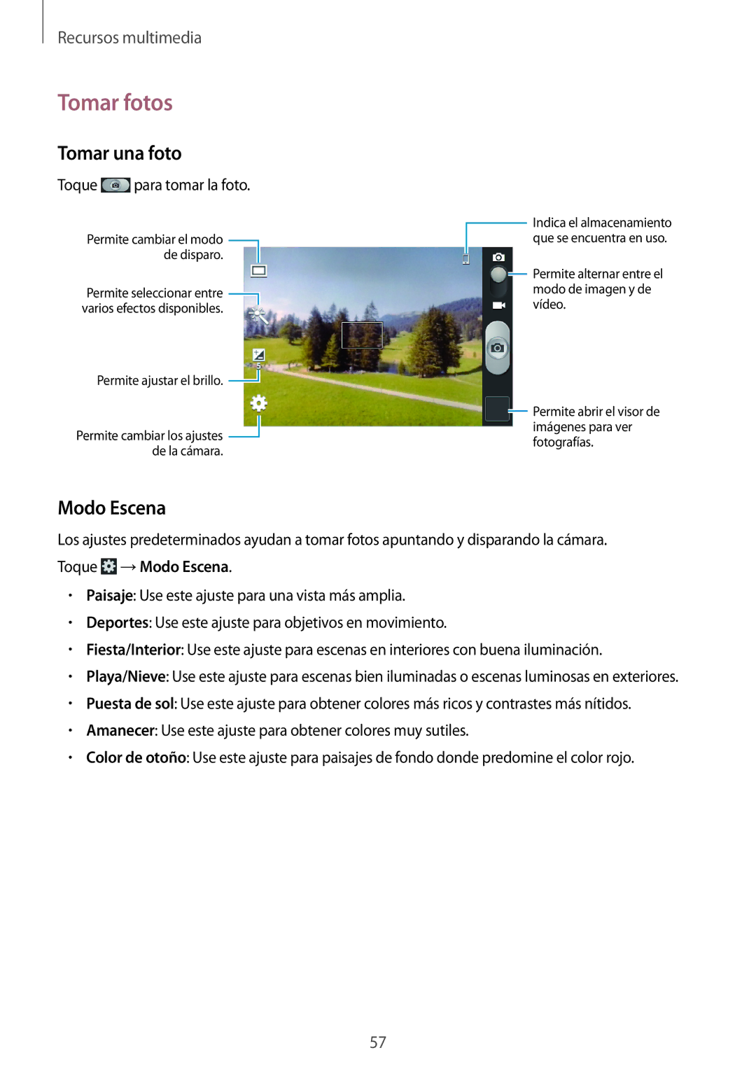 Samsung GT-S6310ZWNITV, GT-S6310MSNDBT, GT-S6310DBNXEC, GT-S6310ZWNAMO manual Tomar fotos, Tomar una foto, Modo Escena 