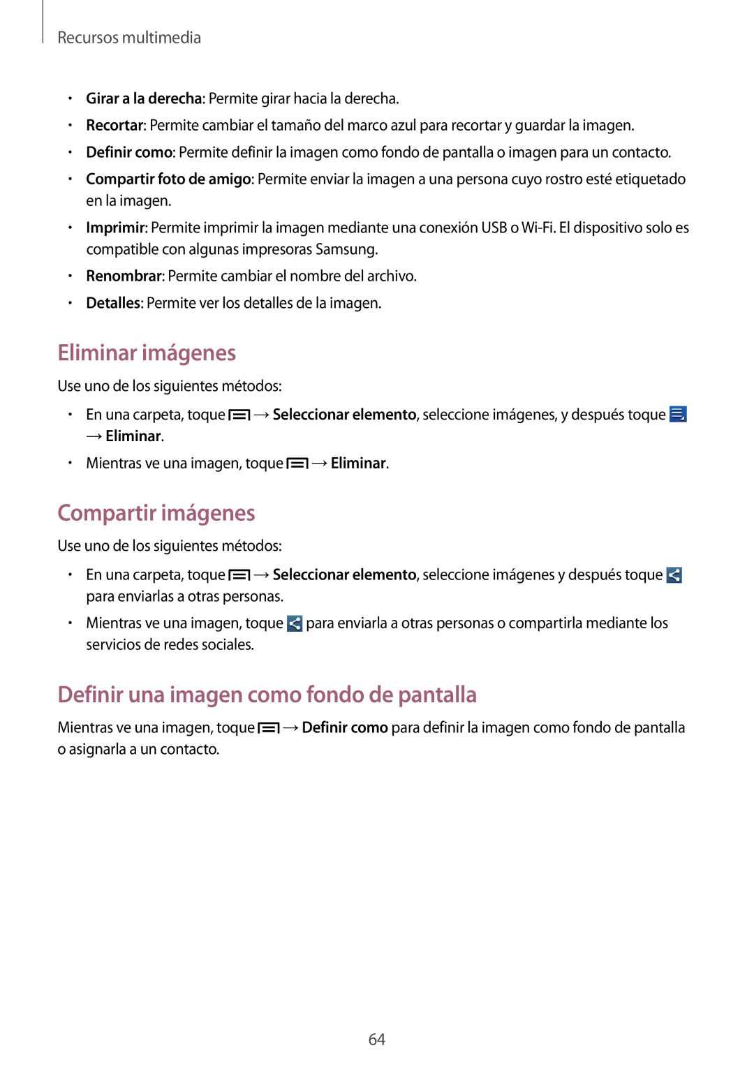 Samsung GT-S6310MSNDBT manual Eliminar imágenes, Compartir imágenes, Definir una imagen como fondo de pantalla, →Eliminar 