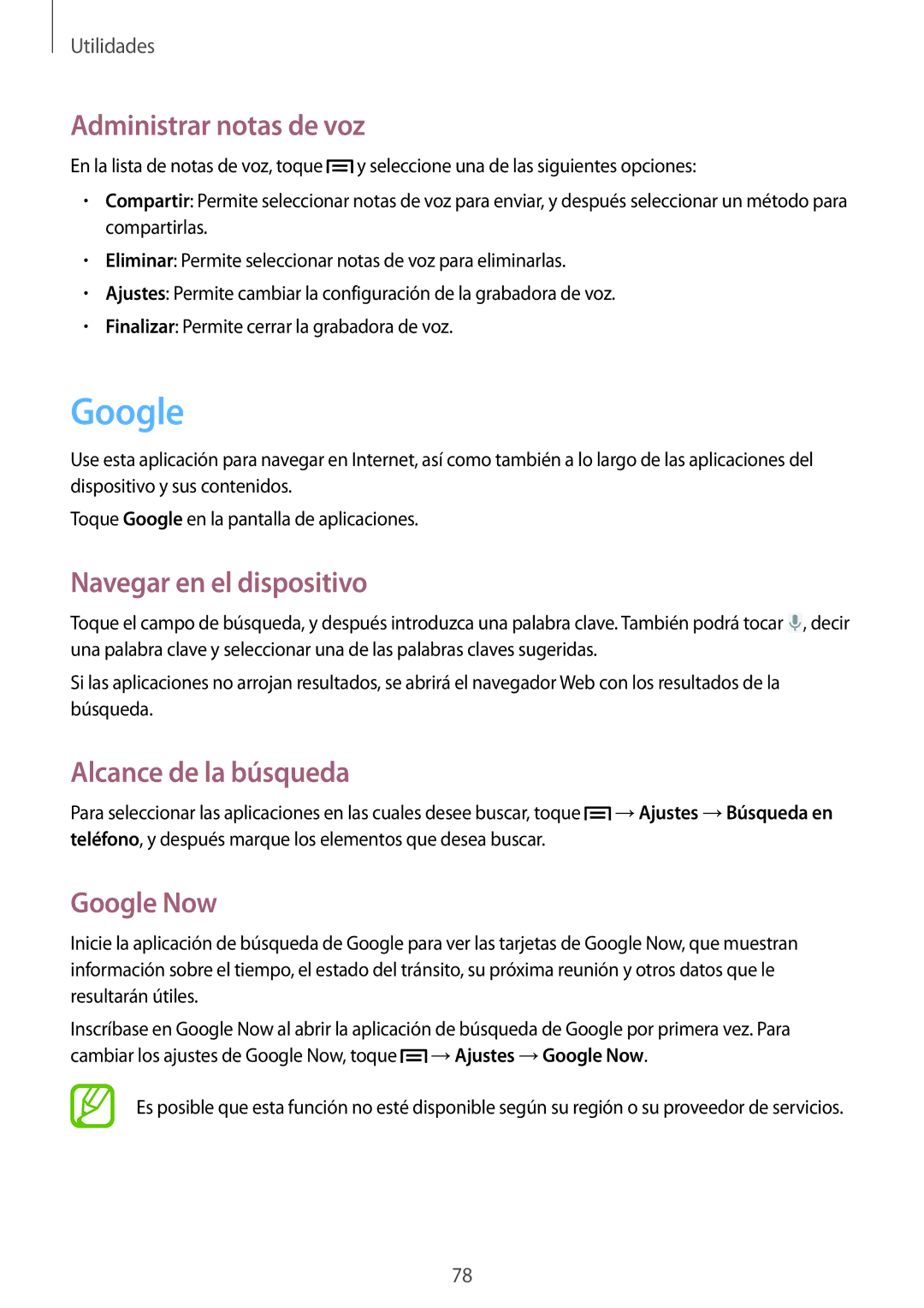 Samsung GT-S6310DBNAMN manual Administrar notas de voz, Navegar en el dispositivo, Alcance de la búsqueda, Google Now 