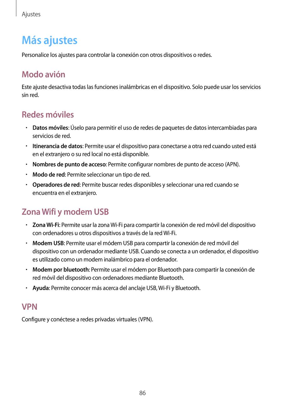 Samsung GT-S6310DBNAMN, GT-S6310MSNDBT, GT-S6310ZWNITV manual Más ajustes, Modo avión, Redes móviles, Zona Wifi y modem USB 