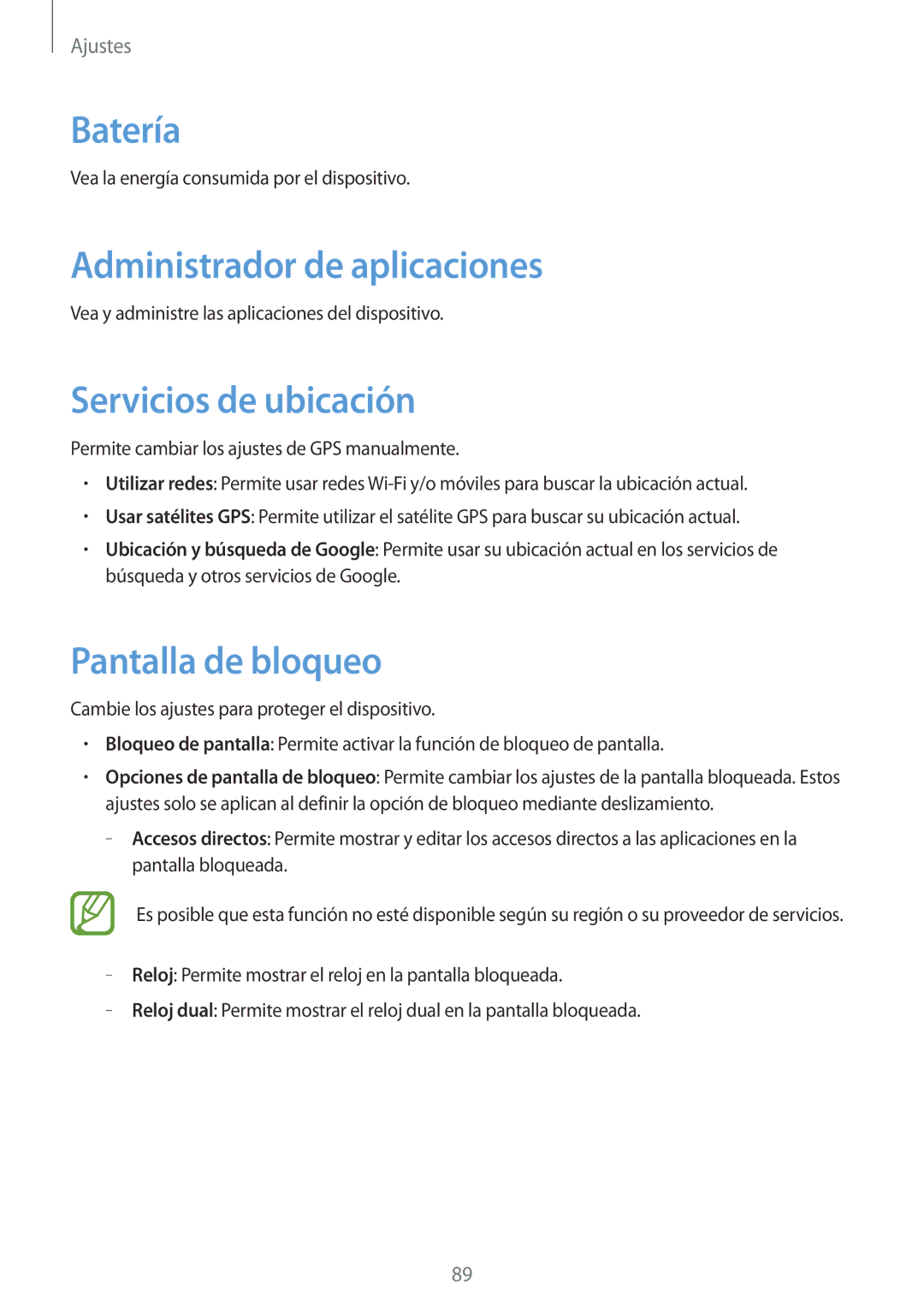 Samsung GT-S6310ZWNITV, GT-S6310MSNDBT Batería, Administrador de aplicaciones, Servicios de ubicación, Pantalla de bloqueo 