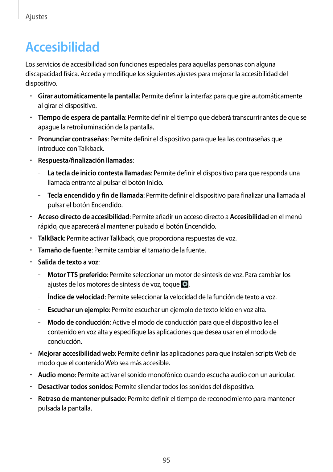 Samsung GT-S6310WRNAMN, GT-S6310MSNDBT manual Accesibilidad, Respuesta/finalización llamadas, Salida de texto a voz 
