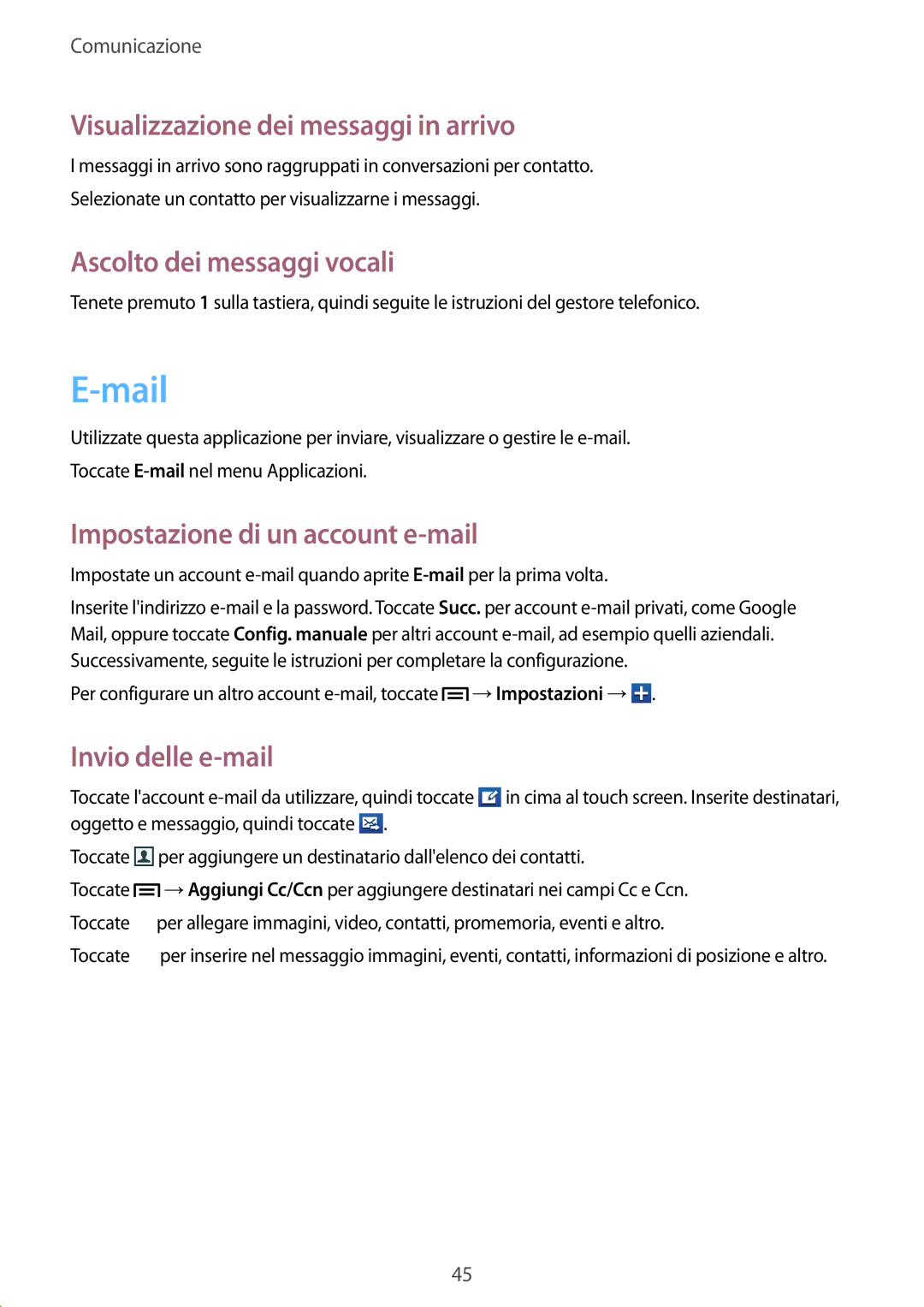 Samsung GT-S6310MSNITV manual Mail, Visualizzazione dei messaggi in arrivo, Ascolto dei messaggi vocali, Invio delle e-mail 