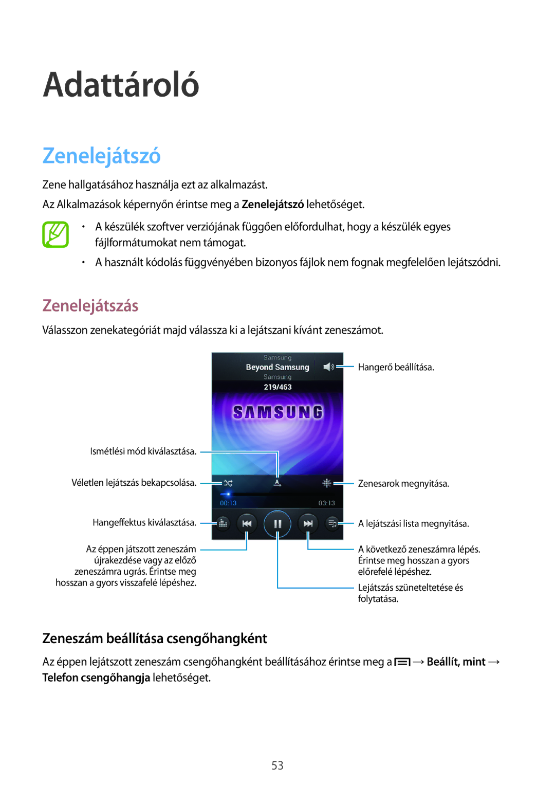 Samsung GT-S6310DBATMH, GT-S6310WRAGBL manual Adattároló, Zenelejátszó, Zenelejátszás, Zeneszám beállítása csengőhangként 