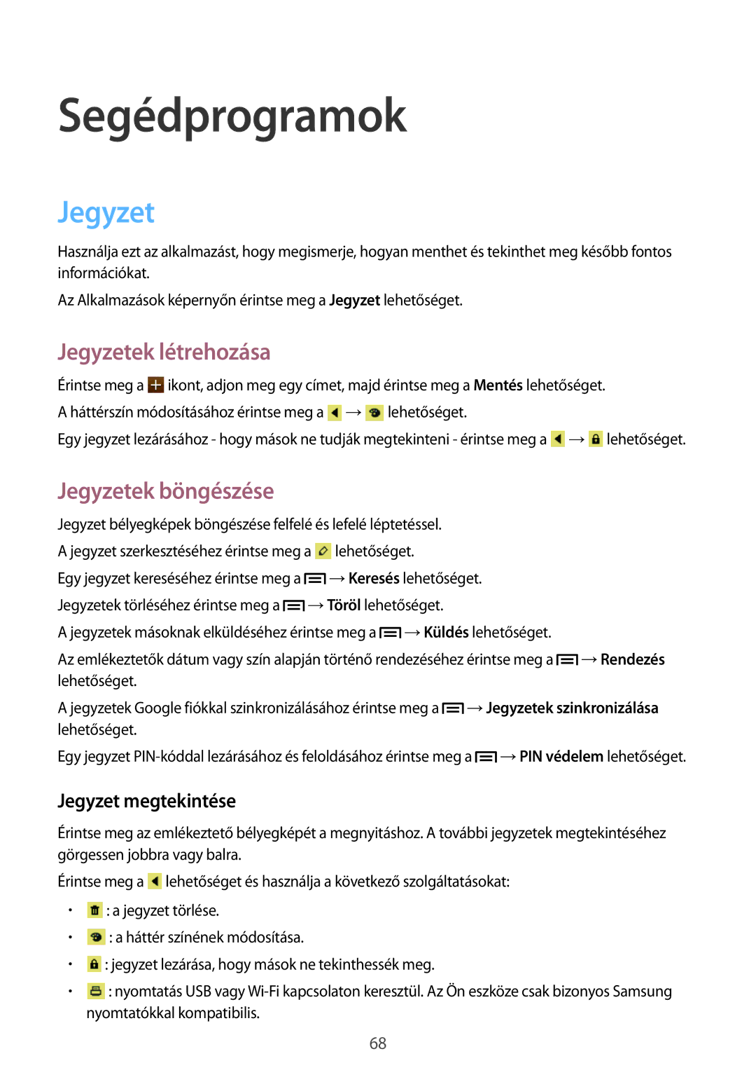 Samsung GT-S6310ZWAXEO manual Segédprogramok, Jegyzetek létrehozása, Jegyzetek böngészése, Jegyzet megtekintése 