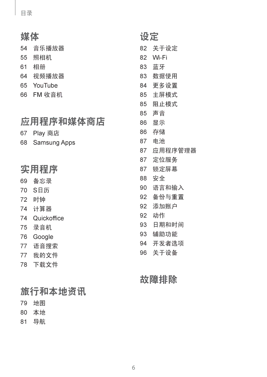 Samsung GT-S6310WRAXXV manual 54 音乐播放器 55 照相机 61 相册 64 视频播放器, 69 备忘录 70 S日历 72 时钟 74 计算器, 75 录音机, 77 语音搜索 77 我的文件 78 下载文件 