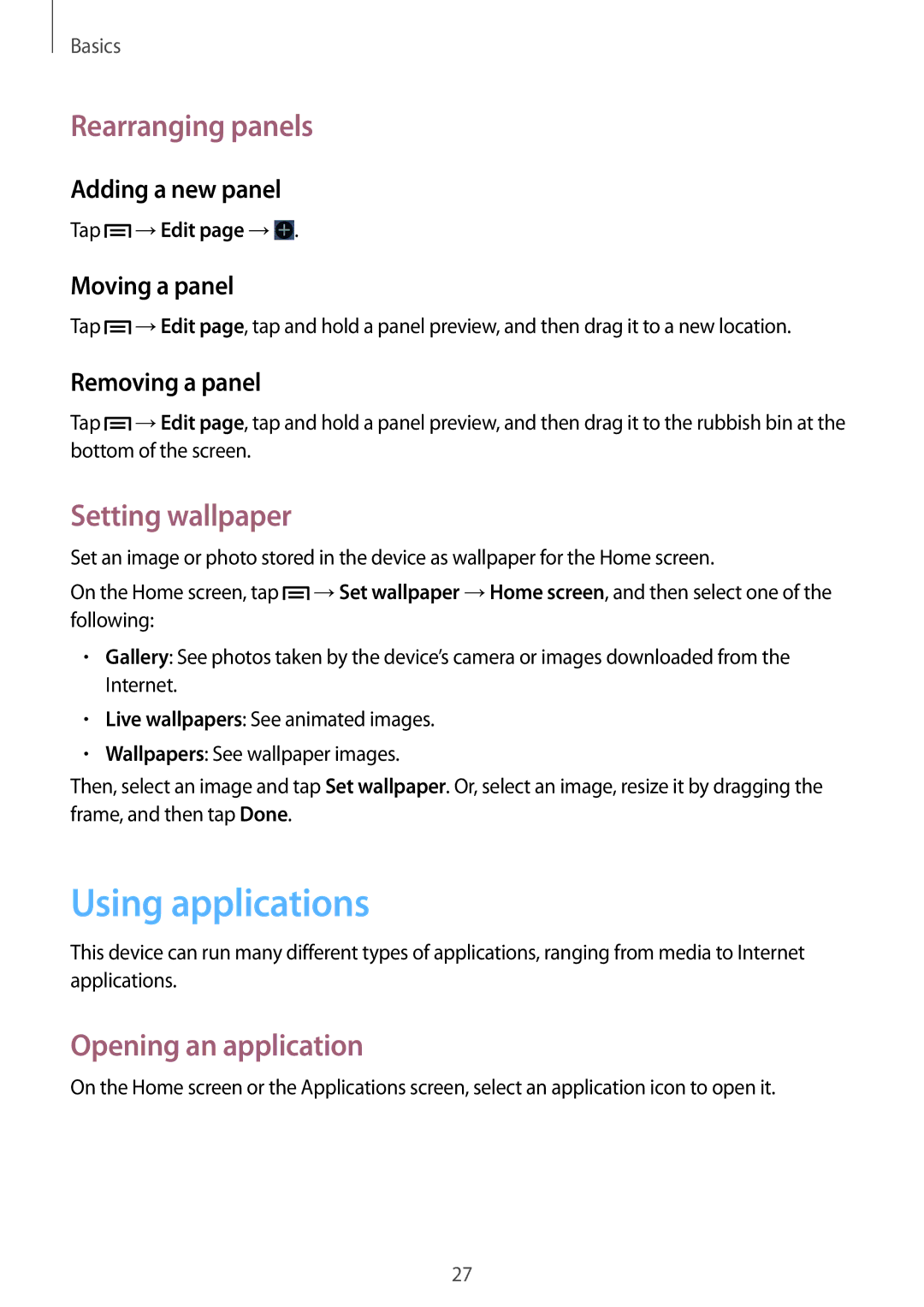 Samsung GT-S6310DBAGBL, GT-S6310WRAYOG Using applications, Rearranging panels, Setting wallpaper, Opening an application 