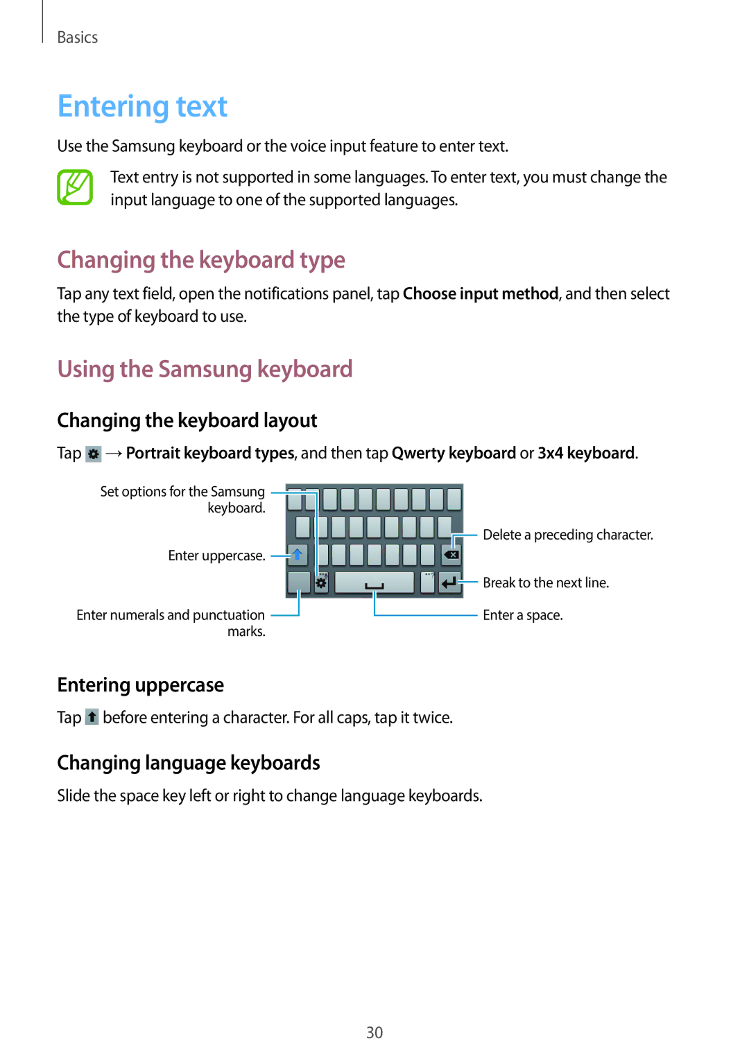 Samsung GT-S6310DBATWO, GT-S6310WRAYOG manual Entering text, Changing the keyboard type, Using the Samsung keyboard 