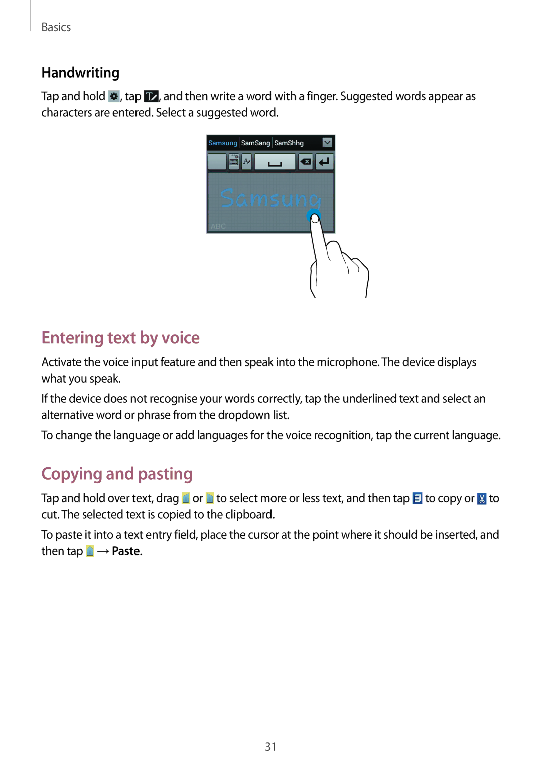 Samsung GT2S6310ZWATRA, GT-S6310WRAYOG, GT-S6310DBAPHE manual Entering text by voice, Copying and pasting, Handwriting 