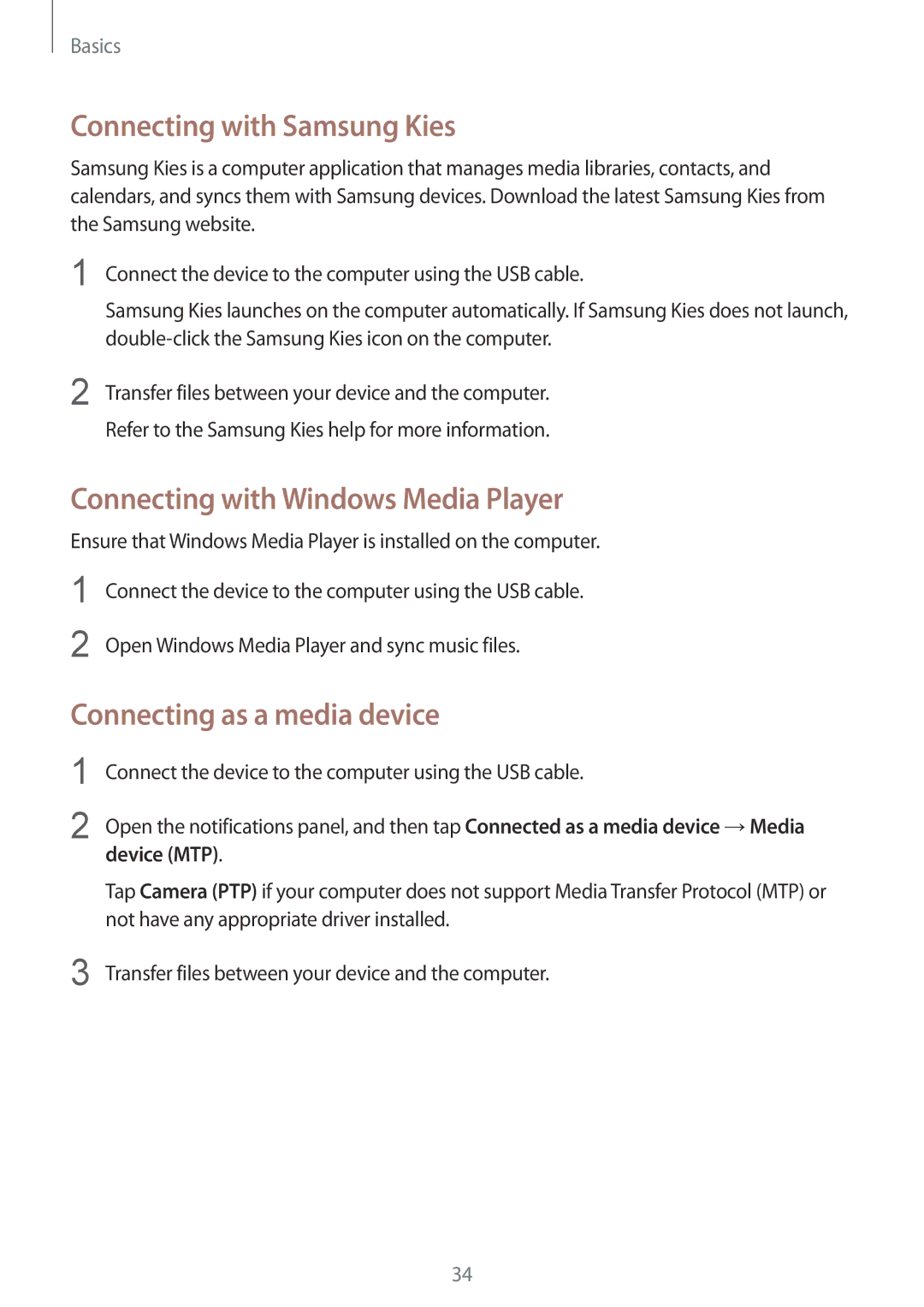 Samsung GT2S6310ZWATWO Connecting with Samsung Kies, Connecting with Windows Media Player, Connecting as a media device 