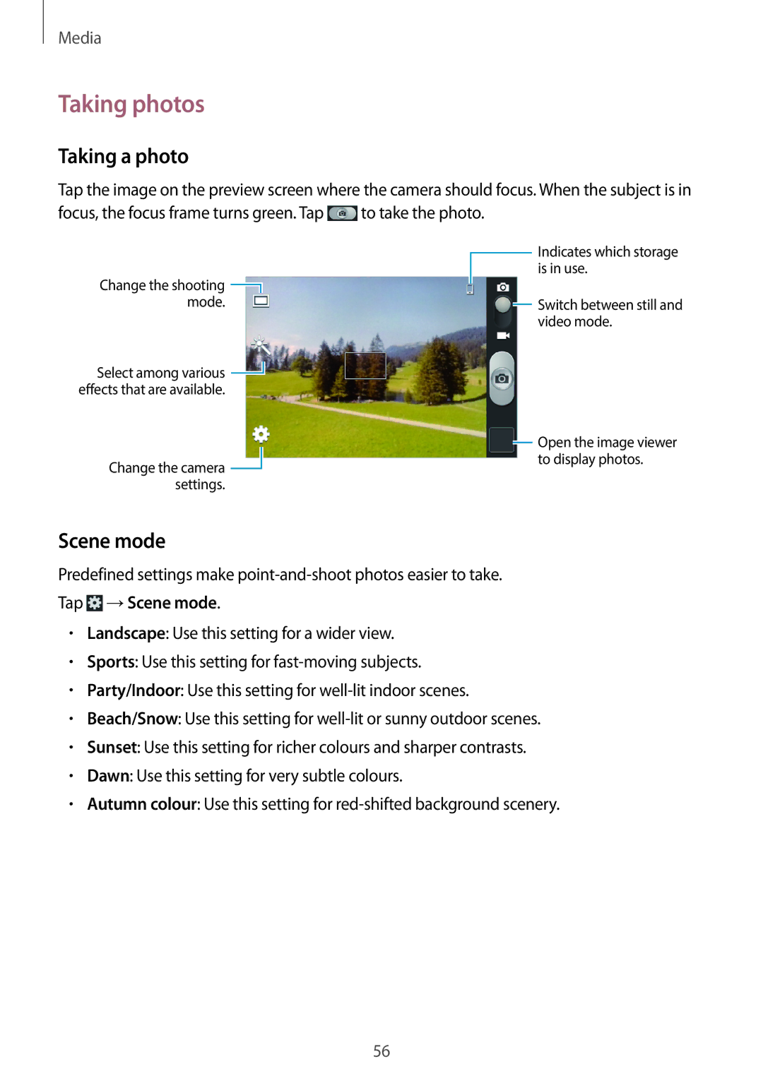 Samsung GT-S6310DBATMH, GT-S6310WRAYOG, GT-S6310DBAPHE, GT-S6310ZWATPH manual Taking photos, Taking a photo, Scene mode 