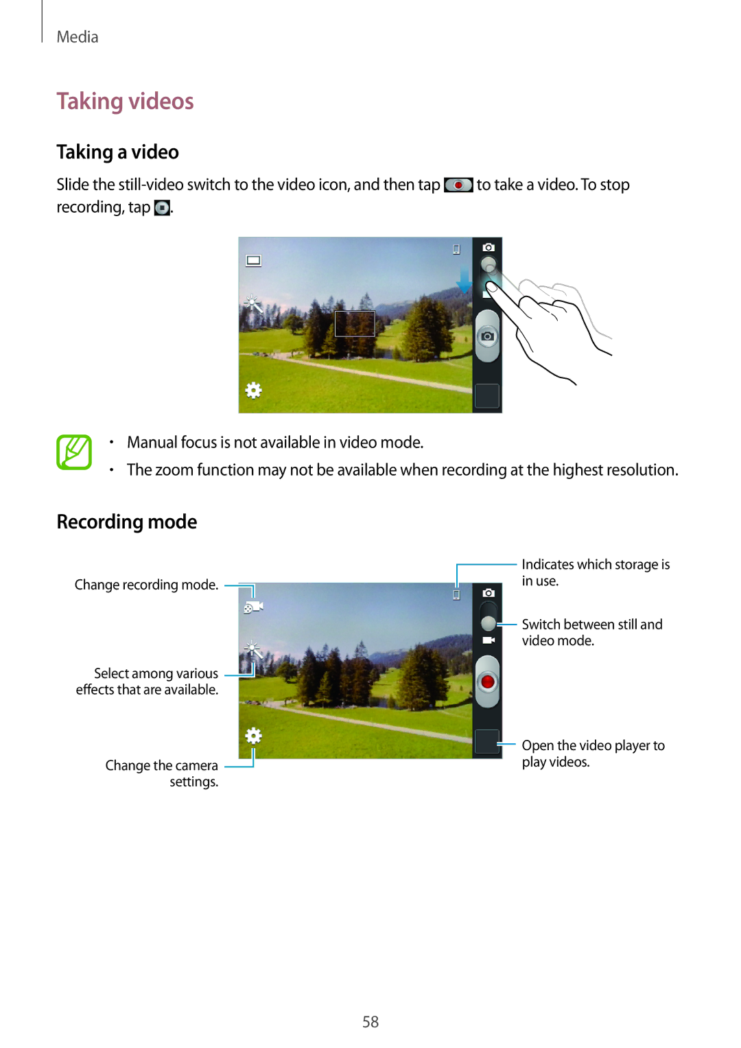 Samsung GT-S6310ZWAXEH, GT-S6310WRAYOG, GT-S6310DBAPHE, GT-S6310ZWATPH manual Taking videos, Taking a video, Recording mode 