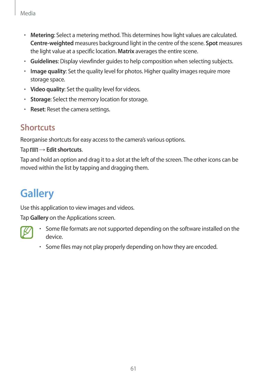 Samsung GT-S6310DBAXEH, GT-S6310WRAYOG, GT-S6310DBAPHE, GT-S6310ZWATPH manual Gallery, Shortcuts, Tap →Edit shortcuts 