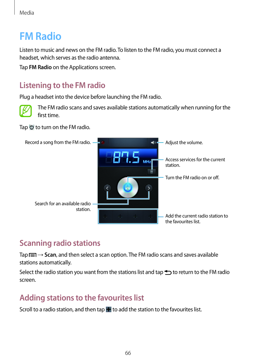 Samsung GT-S6310ZWAYOG, GT-S6310WRAYOG, GT-S6310DBAPHE manual FM Radio, Listening to the FM radio, Scanning radio stations 