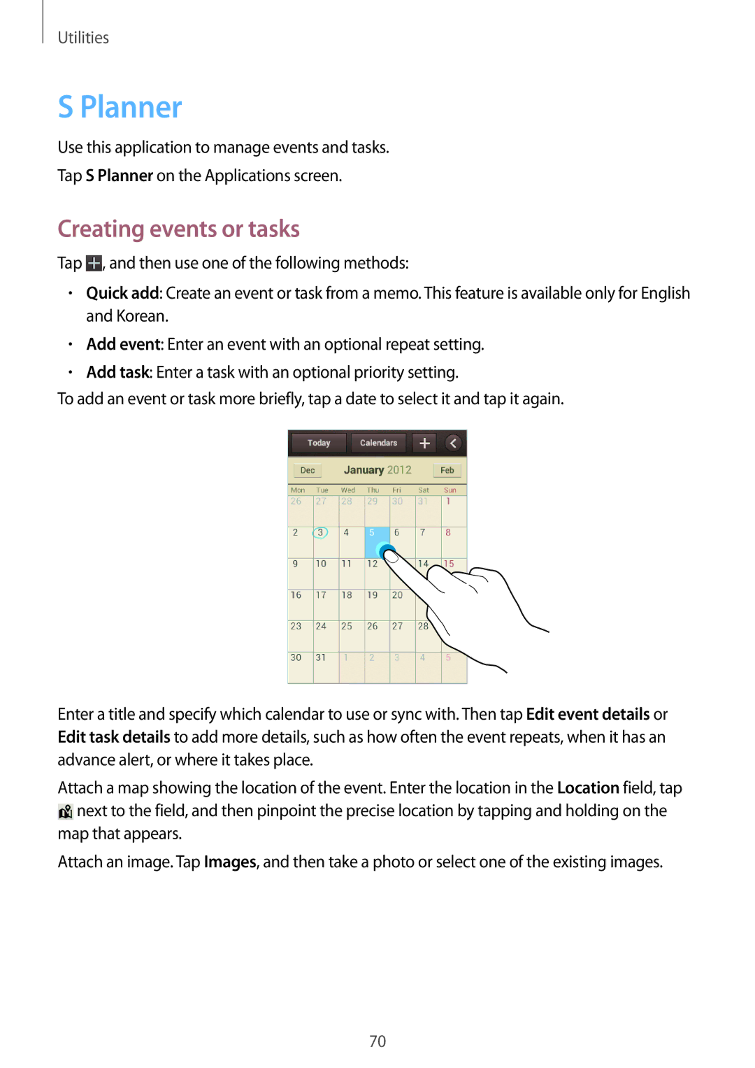 Samsung GT-S6310ZWAKSA, GT-S6310WRAYOG, GT-S6310DBAPHE, GT-S6310ZWATPH, GT-S6310ZWAYOG manual Planner, Creating events or tasks 