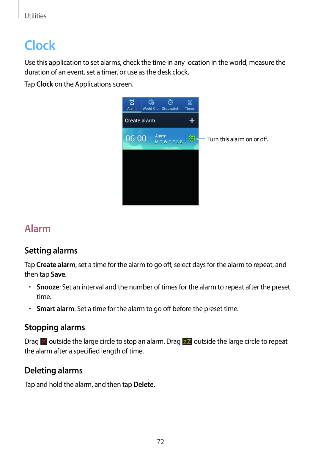 Samsung GT-S6310WRAXXV, GT-S6310WRAYOG, GT-S6310DBAPHE manual Clock, Alarm, Setting alarms, Stopping alarms, Deleting alarms 