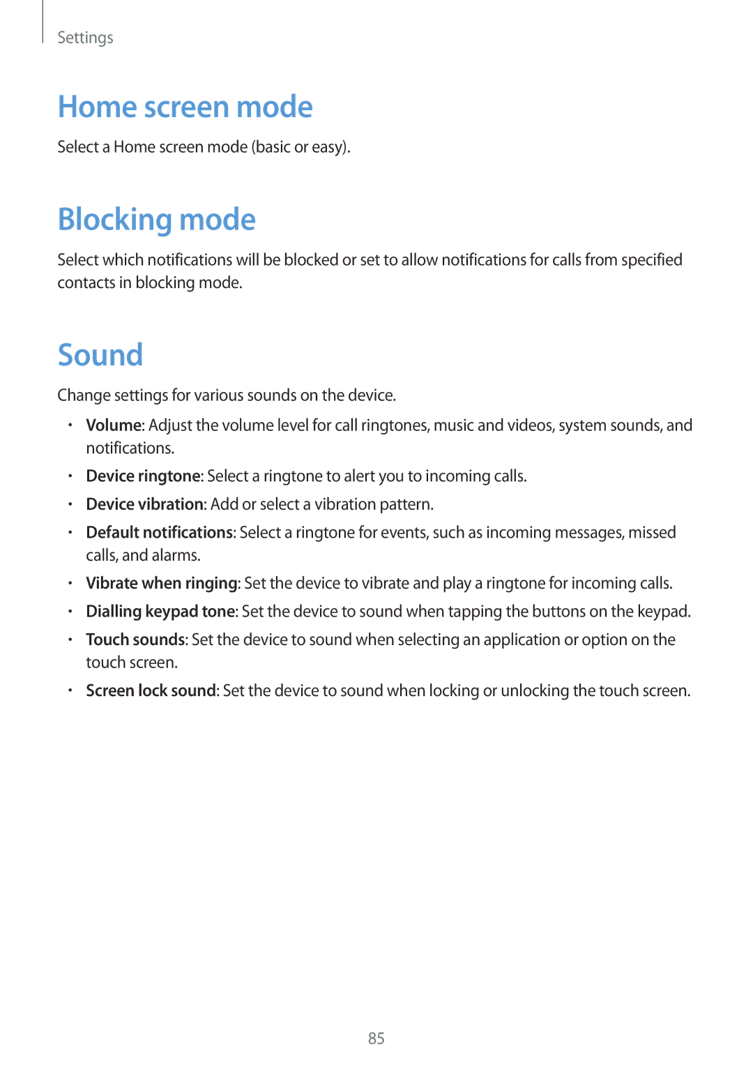 Samsung GT2S6310ZWAMTL, GT-S6310WRAYOG, GT-S6310DBAPHE, GT-S6310ZWATPH, GT-S6310ZWAYOG Home screen mode, Blocking mode, Sound 