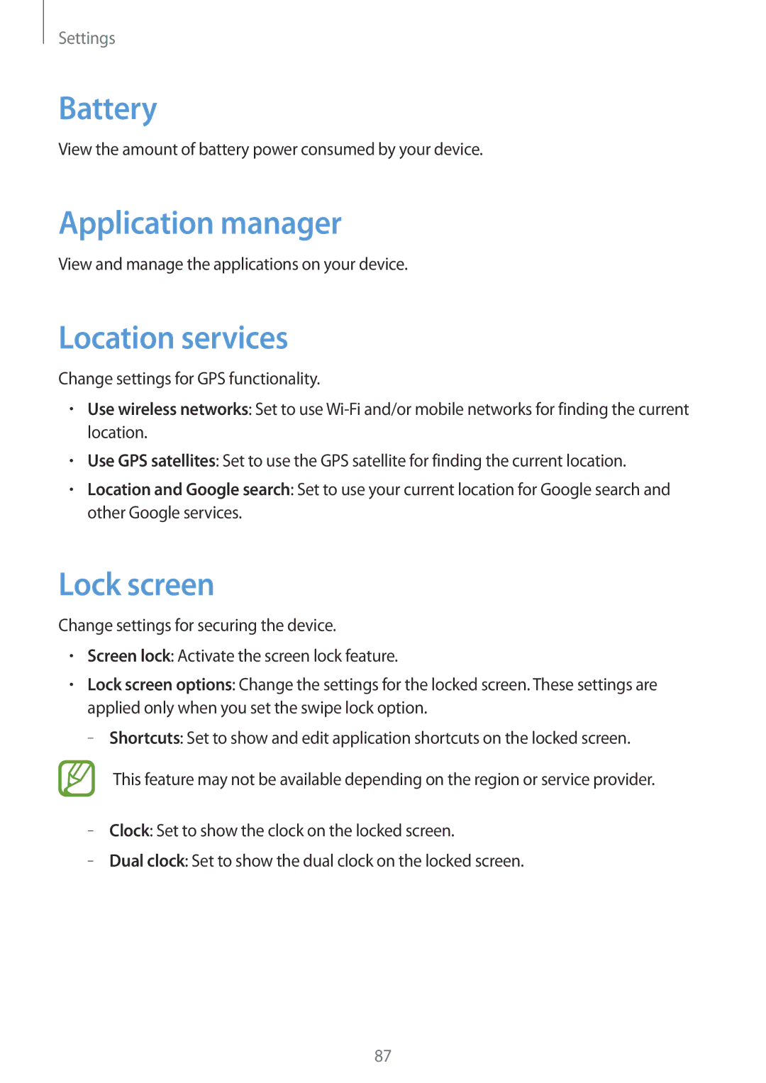 Samsung GT2S6310DBAMTL, GT-S6310WRAYOG, GT-S6310DBAPHE manual Battery, Application manager, Location services, Lock screen 