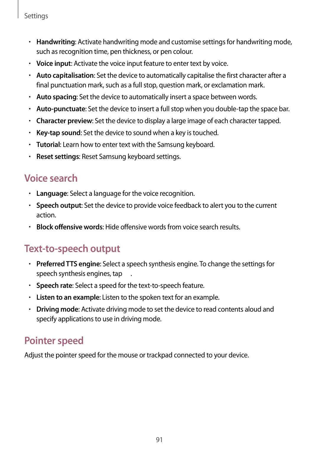 Samsung GT2S6310WRAMTL, GT-S6310WRAYOG, GT-S6310DBAPHE, GT-S6310ZWATPH Voice search, Text-to-speech output, Pointer speed 