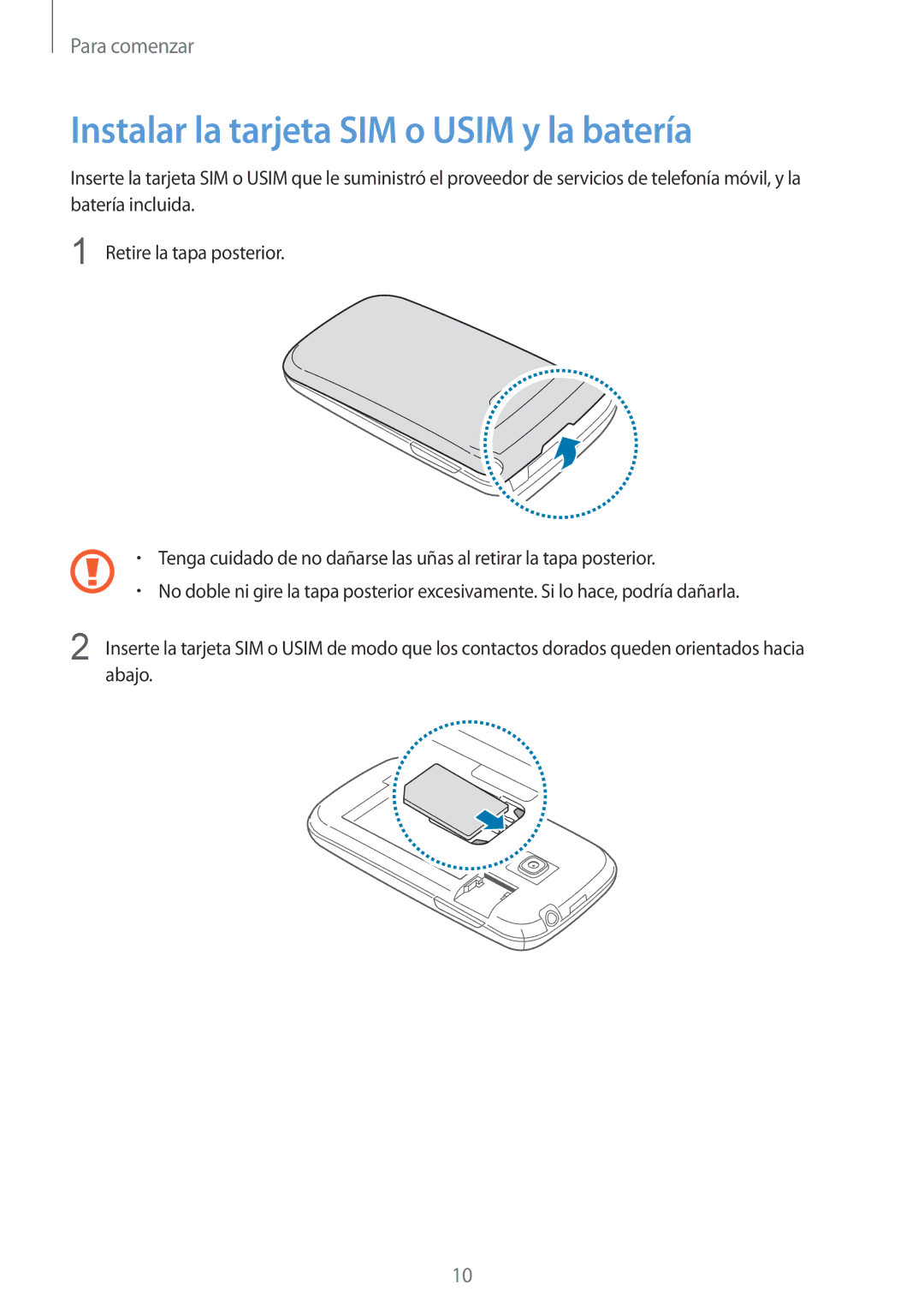 Samsung GT-S6310ZWAYOG, GT-S6310WRAYOG, GT-S6310DBAPHE, GT-S6310ZWATPH manual Instalar la tarjeta SIM o Usim y la batería 