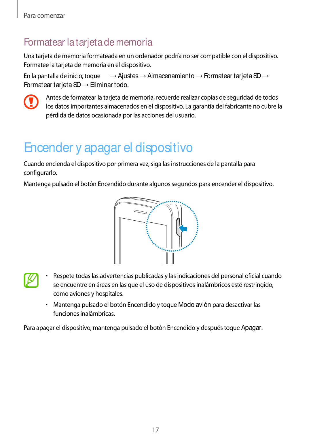 Samsung GT-S6310ZWAYOG, GT-S6310WRAYOG, GT-S6310DBAPHE Encender y apagar el dispositivo, Formatear la tarjeta de memoria 