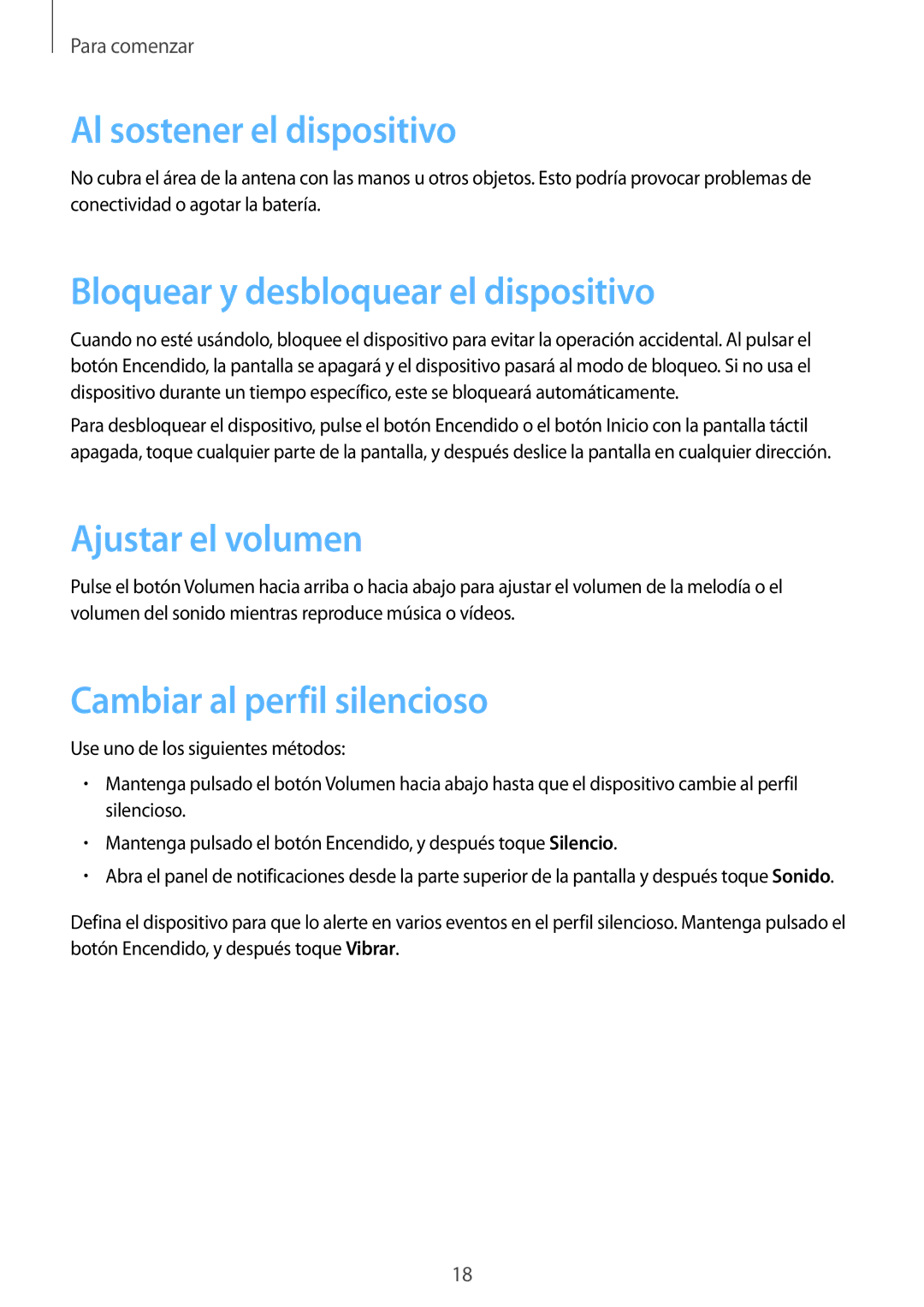 Samsung GT-S6310ZWAPHE manual Al sostener el dispositivo, Bloquear y desbloquear el dispositivo, Ajustar el volumen 