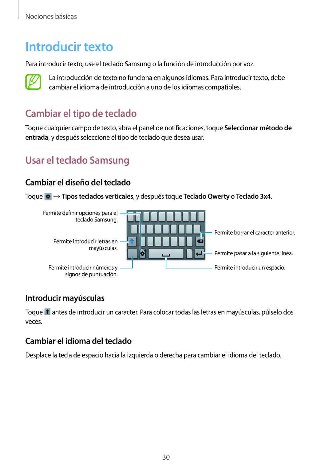 Samsung GT-S6310ZWATPH, GT-S6310WRAYOG manual Introducir texto, Cambiar el tipo de teclado, Usar el teclado Samsung 