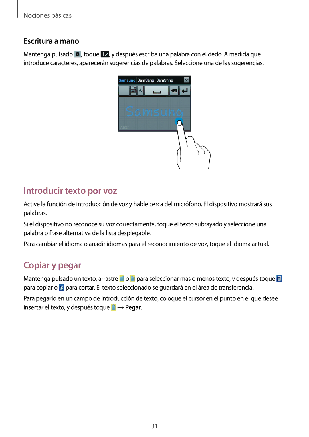 Samsung GT-S6310ZWAYOG, GT-S6310WRAYOG, GT-S6310DBAPHE manual Introducir texto por voz, Copiar y pegar, Escritura a mano 