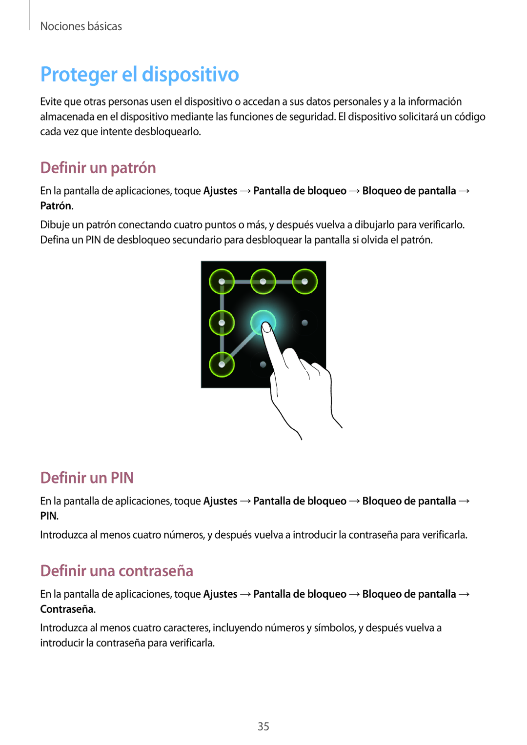 Samsung GT-S6310WRAYOG, GT-S6310DBAPHE Proteger el dispositivo, Definir un patrón, Definir un PIN, Definir una contraseña 