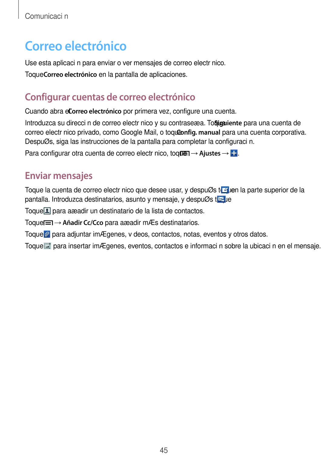 Samsung GT-S6310ZWAYOG, GT-S6310WRAYOG, GT-S6310DBAPHE manual Correo electrónico, Configurar cuentas de correo electrónico 