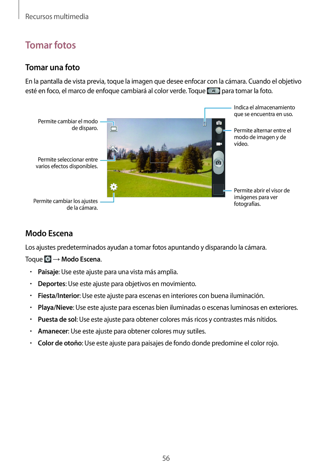 Samsung GT-S6310WRAYOG, GT-S6310DBAPHE, GT-S6310ZWATPH, GT-S6310ZWAYOG manual Tomar fotos, Tomar una foto, Modo Escena 