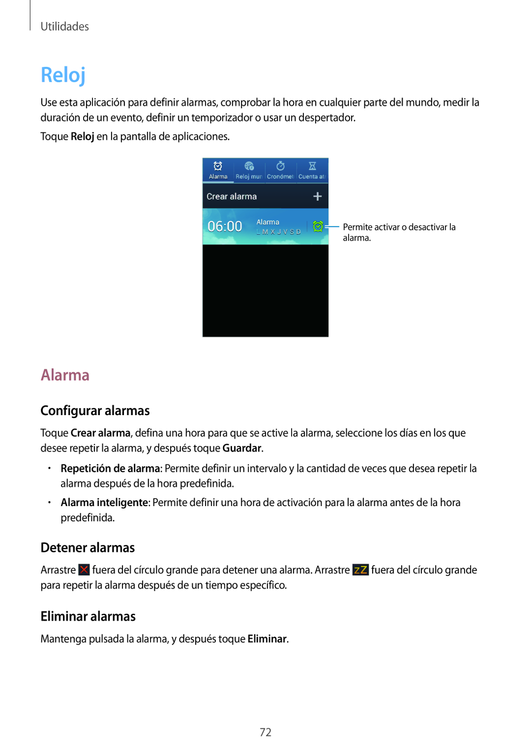 Samsung GT-S6310ZWATPH, GT-S6310WRAYOG, GT-S6310DBAPHE Reloj, Alarma, Configurar alarmas, Detener alarmas, Eliminar alarmas 