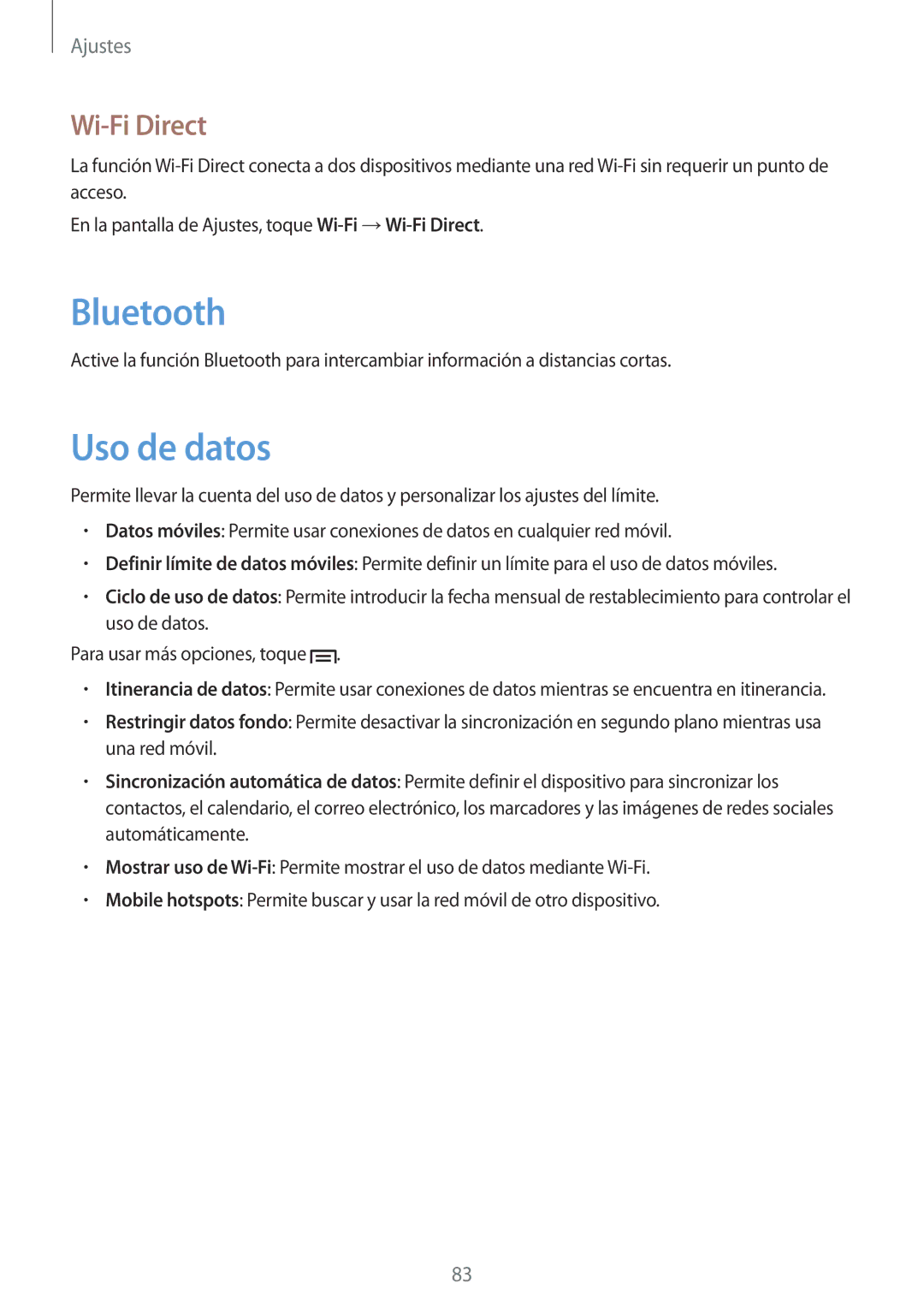 Samsung GT-S6310DBAYOG, GT-S6310WRAYOG, GT-S6310DBAPHE, GT-S6310ZWATPH, GT-S6310ZWAYOG manual Uso de datos, Wi-Fi Direct 