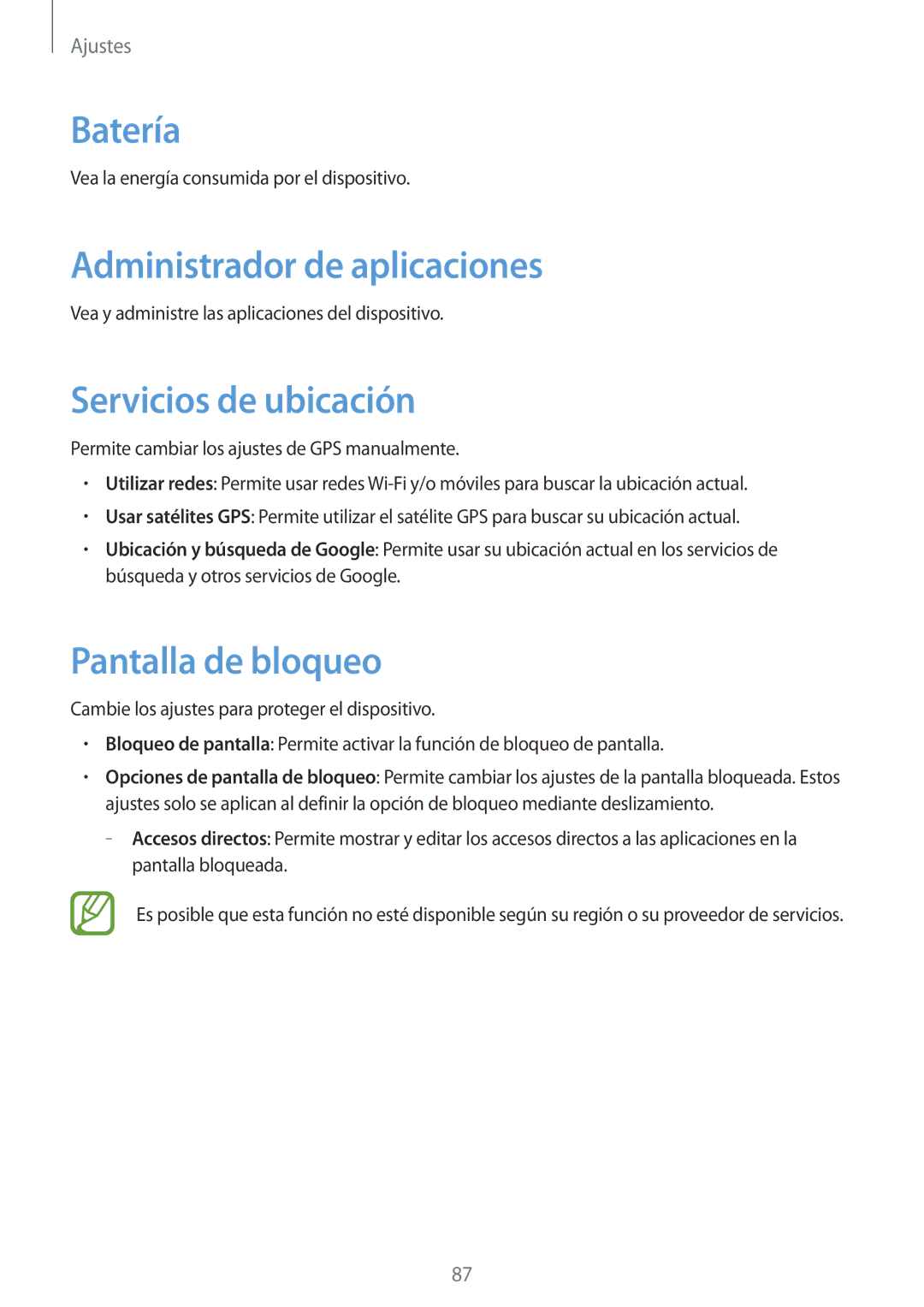 Samsung GT-S6310ZWAYOG, GT-S6310WRAYOG Batería, Administrador de aplicaciones, Servicios de ubicación, Pantalla de bloqueo 