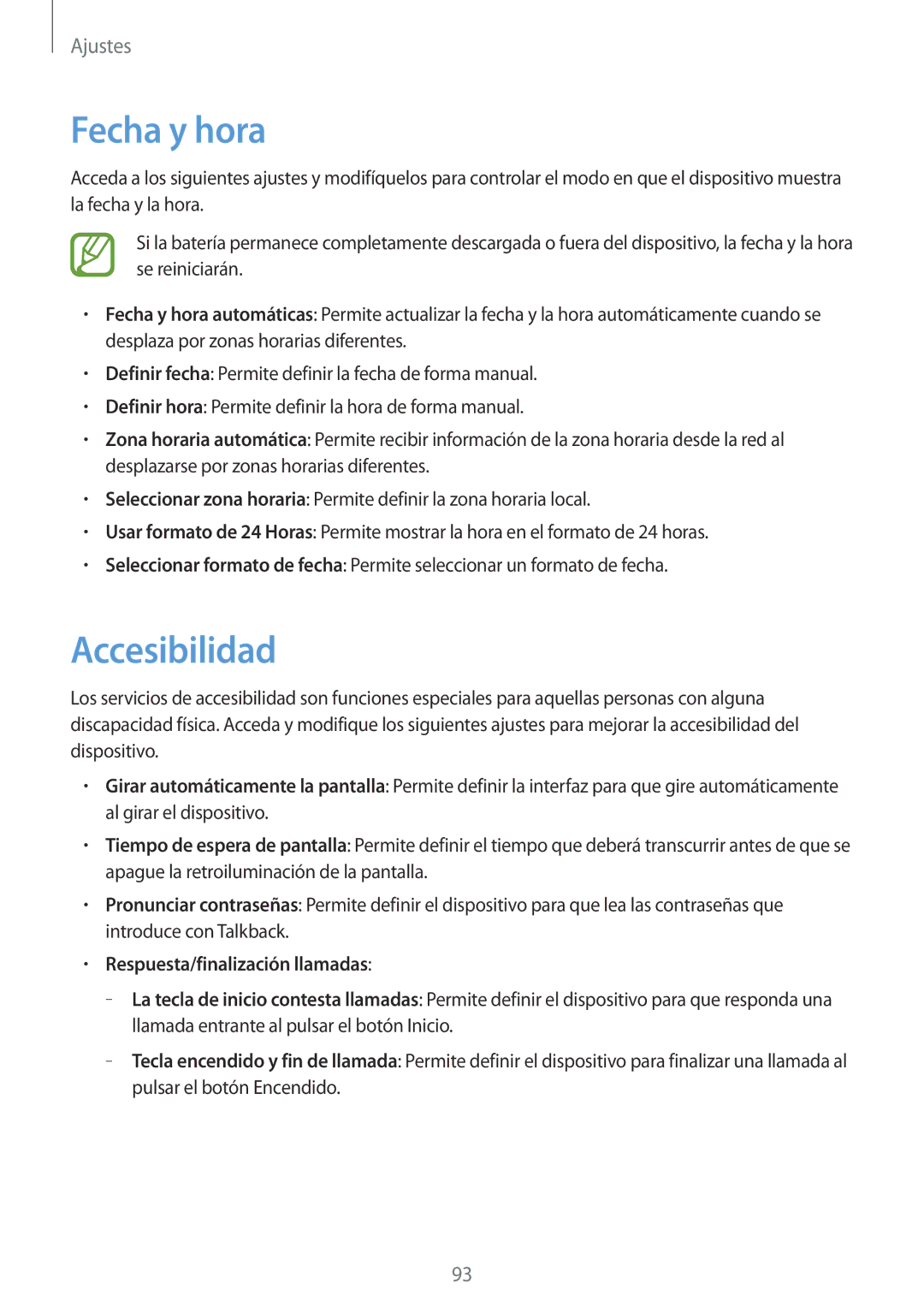 Samsung GT-S6310ZWATPH, GT-S6310WRAYOG, GT-S6310DBAPHE manual Fecha y hora, Accesibilidad, Respuesta/finalización llamadas 