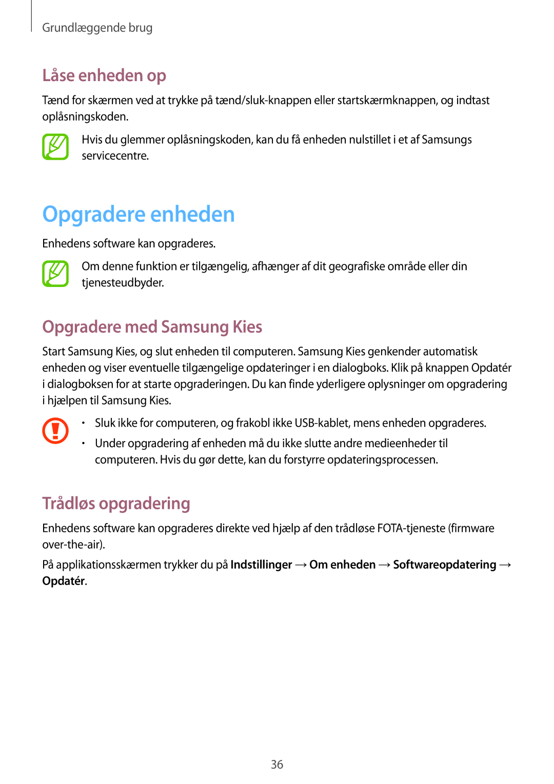 Samsung GT-S6310ZWANEE, GT-S6310YBANEE Opgradere enheden, Låse enheden op, Opgradere med Samsung Kies, Trådløs opgradering 