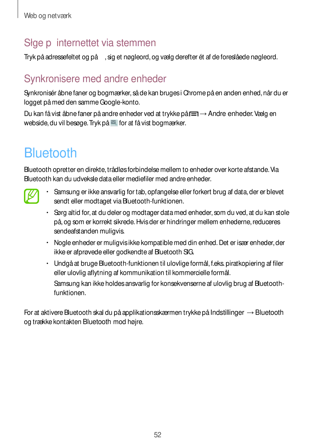 Samsung GT-S6310DBANEE, GT-S6310YBANEE, GT-S6310ZWANEE, GT-S6310MSANEE manual Bluetooth, Synkronisere med andre enheder 