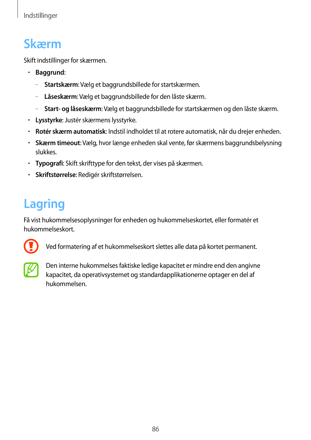 Samsung GT-S6310ZWANEE, GT-S6310YBANEE, GT-S6310DBANEE, GT-S6310MSANEE, GT-S6310WRANEE manual Skærm, Lagring, Baggrund 