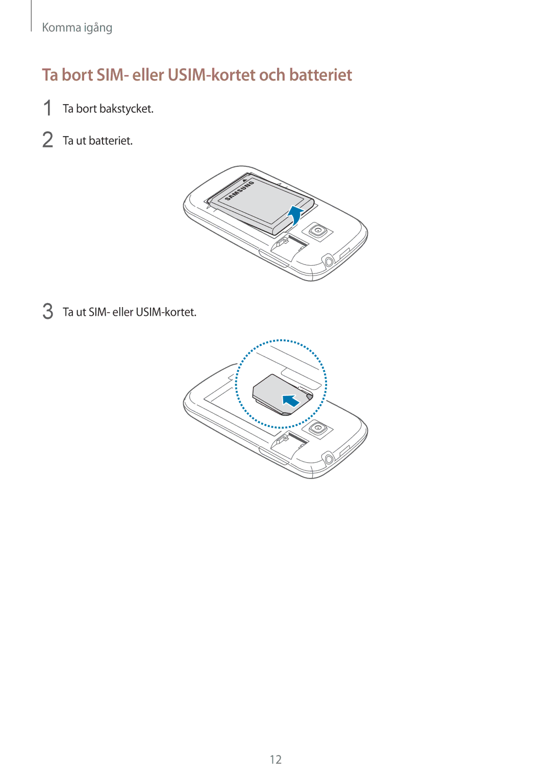 Samsung GT-S6310DBANEE, GT-S6310YBANEE, GT-S6310ZWANEE, GT-S6310MSANEE manual Ta bort SIM- eller USIM-kortet och batteriet 