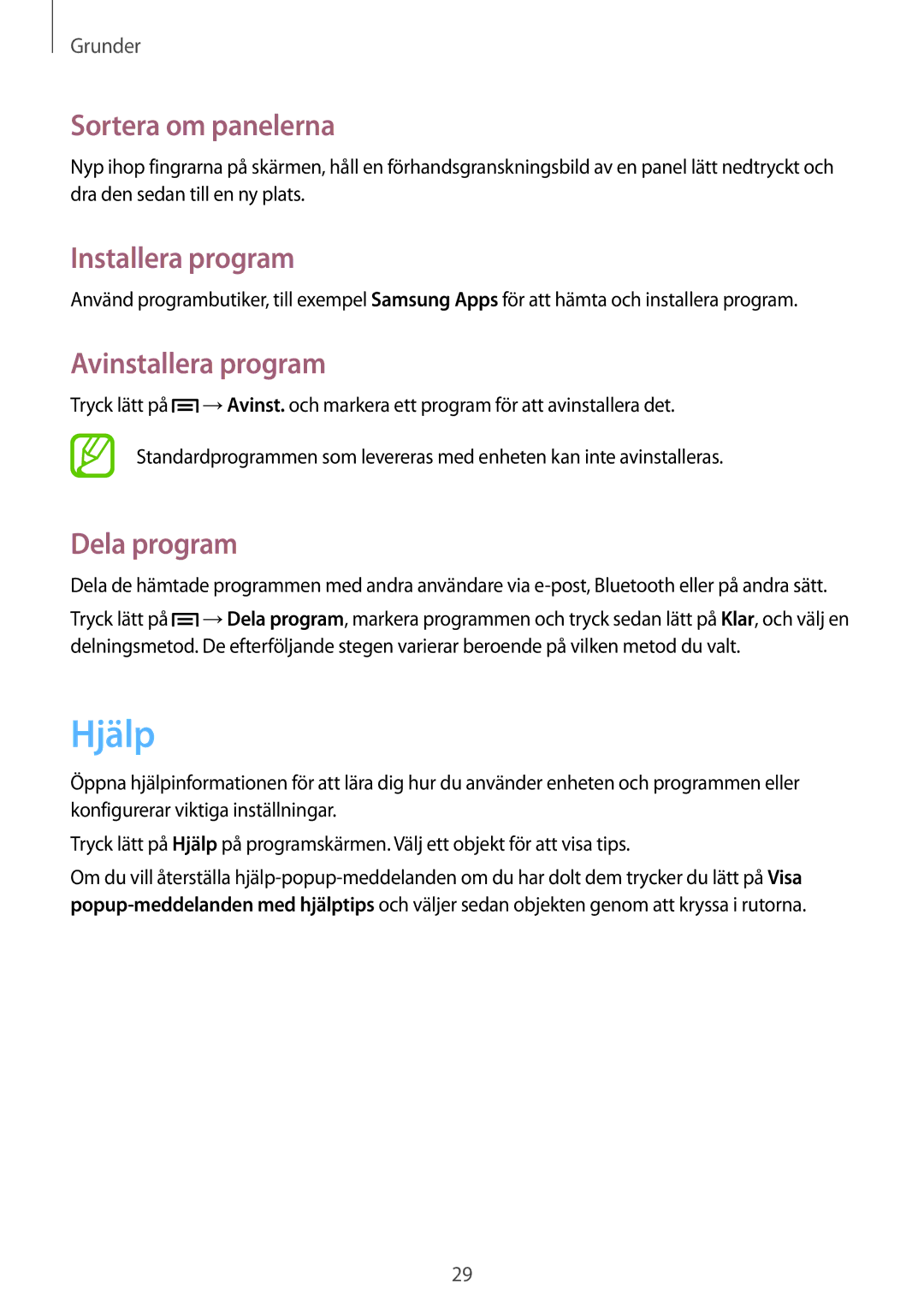Samsung GT-S6310WRANEE, GT-S6310YBANEE, GT-S6310ZWANEE manual Hjälp, Installera program, Avinstallera program, Dela program 